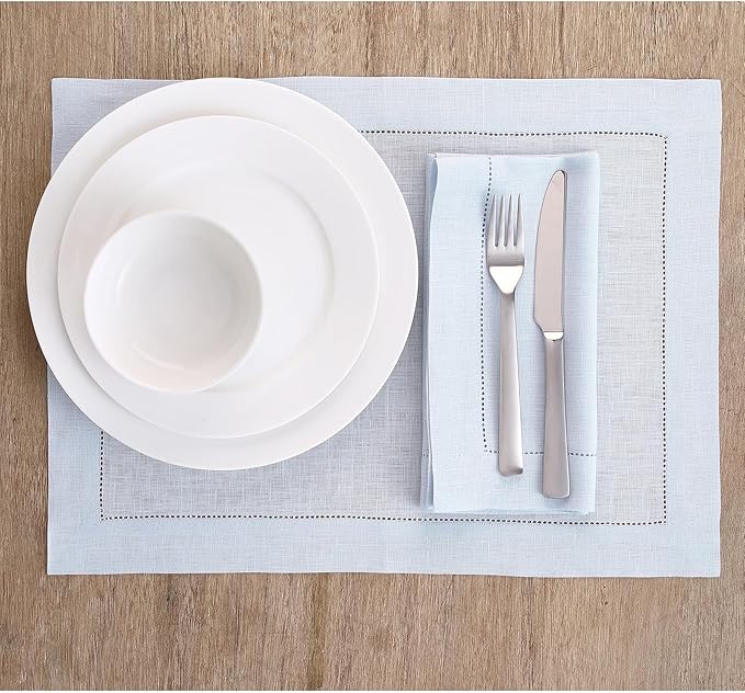Solino Home Light Blue Linen Napkins Set of 4-100% Pure Linen Hemstitch Dinner Napkins 20 x 20 Inch for Christmas, Winter, New Year - Classic Hemstitch
