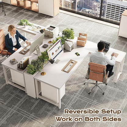 Huuger 63 Inch L Shaped Desk with Power Outlets and USB-C Port, Reversible Computer, Larger Office Corner Gaming Desk, 0.95 Inch Thicker Desktop, Metal Frame, for Home Office, Study, White