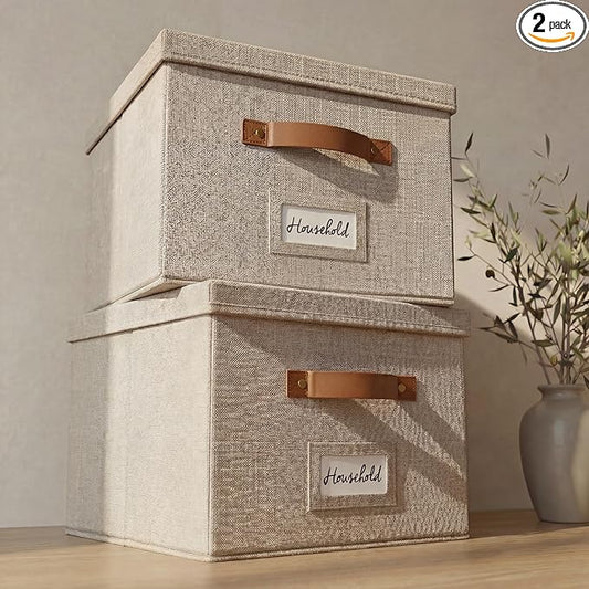 ZICOTO Decorative File Organizer Box Set of 2 - Collapsible Linen Filing Cabinets w/Handles Are Perfect to Store all Your Documents & Hanging File Folders - Portable Easy Slide Crates with Lid