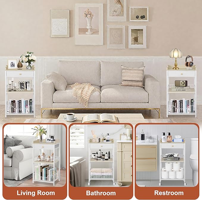 4-Tier Small Side Table with Storage Drawer, Tall Nightstand with Wheels & Basket, Rolling Bathroom Table for Small Spaces, Bedroom, Living Room, Dorm, White and Natural