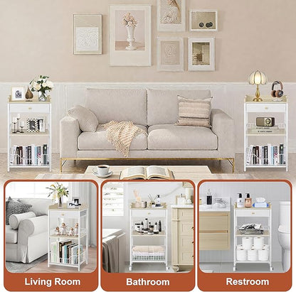 4-Tier Small Side Table with Storage Drawer, Tall Nightstand with Wheels & Basket, Rolling Bathroom Table for Small Spaces, Bedroom, Living Room, Dorm, White and Natural