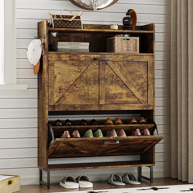 Shoe Cabinet with 2 Flip Drawers Narrow Shoe Storage Cabinet Organizer Wooden Freestanding Rack Hidden Slim Storage for Entryway, Hallway, Living Room, Bedroom (Brown)