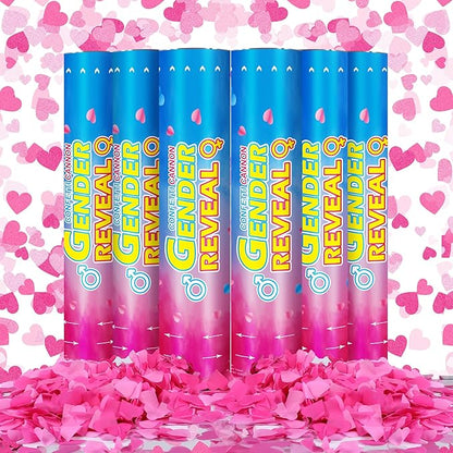 Gender Reveal Confetti Cannons – 6 Pack Pink Party Poppers – Baby Girl Gender Reveal Cannon Kit with Heart-Shaped Confetti – Easy Twist Shooters for Baby Reveal Party Decorations (Pink)