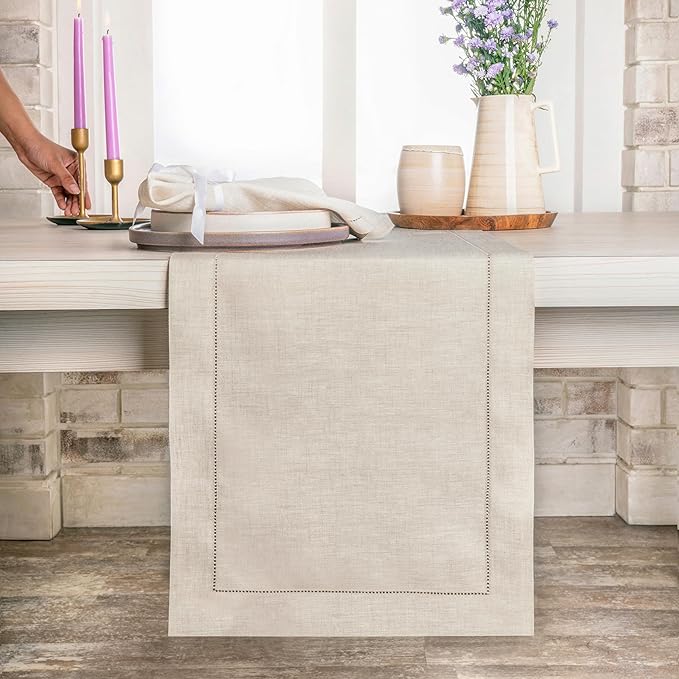 D'Moksha Homes Linen Light Natural Table Runner 90 Inches Long - Classic Hemstitch 100% Pure Linen Dining Table Runner 14 x 90 Inch for Winter, Christmas, Holiday