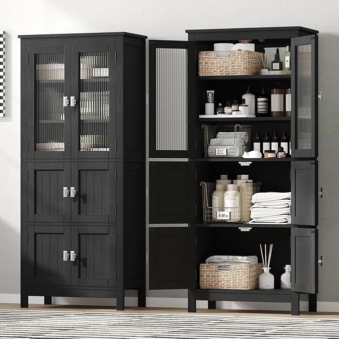 53.1" H Tall Bathroom Storage Cabinet, Bathroom Floor Cabinet with 6 Doors and Adjustable Shlef, Linen Cabinet, Pantry Cabinet for Living Room, Kitchen, Entryway, Black
