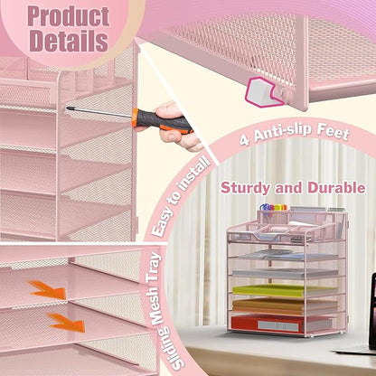 Docnest 6 Tier Mesh Desk Organizer for Paper Office Supplies – Multi-Functional Letter Tray with 5 Adjustable Compartments, 9 Pen Holders, Desktop Storage for Files, Mail, Stationery – Pink