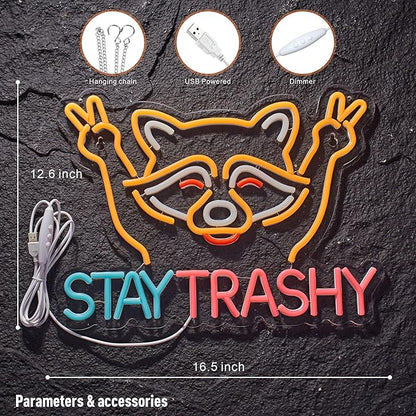 Stay Trashy Racoon Neon Sign for Wall Decor LED Light USB Powered Dimmable Art Signs for Bar Pub Store Man Cave Kids Room 16.2 X 12.6 inch