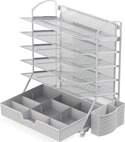 Simple Houseware 6-Tier Desk Document File Tray Organizer with Supplies Sliding Drawer, Silver