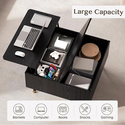 32" Square Lift Top Coffee Table with Storage, Modern Black Center Table for Living Room, Minimalist Wood Cocktail Table with Rising Desktop, Home Office