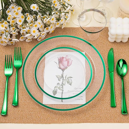 BESTSTAR 200PCS Green and Clear Plastic Plates, Green Disposable Plate Set with 100 Dinner Plates and 100 Dessert Plate for Party, St. Patrick's Day