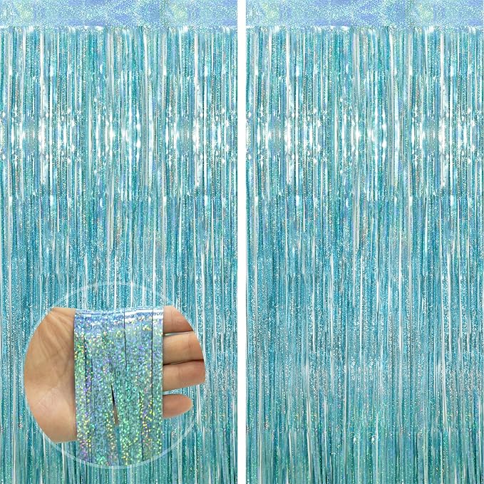 Thicken Blue Streamers 2 Pack 3.2 x 8.2 FT, Light Blue Birthday Decrorations Tinsel Backdrop Curtains, Foil Fringe Photo Backdrop for Baby Shower, Frozen, Under The Sea Party Decorations