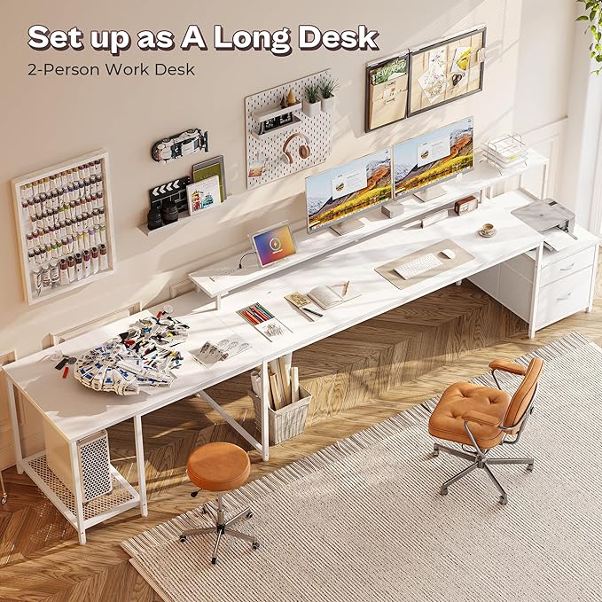 PRAISUN 66" L Shaped Gaming Desk with LED Lights & Power Outlets, Computer Desk with Fabric Drawers and Print Stand, Corner Office Desk, Monitor Stand, Mesh CPU Stand, White