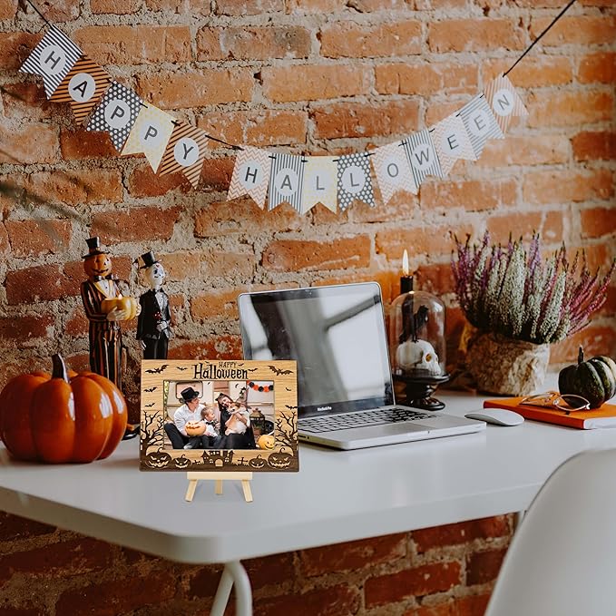 Halloween Picture Frame, 4×6 Pumpkin Wooden Photo Frame for Home Decor Tabletop Display, Spooky Haunted House Gifts for Family Friends - A05