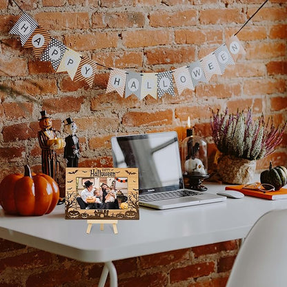 Halloween Picture Frame, 4×6 Pumpkin Wooden Photo Frame for Home Decor Tabletop Display, Spooky Haunted House Gifts for Family Friends - A05