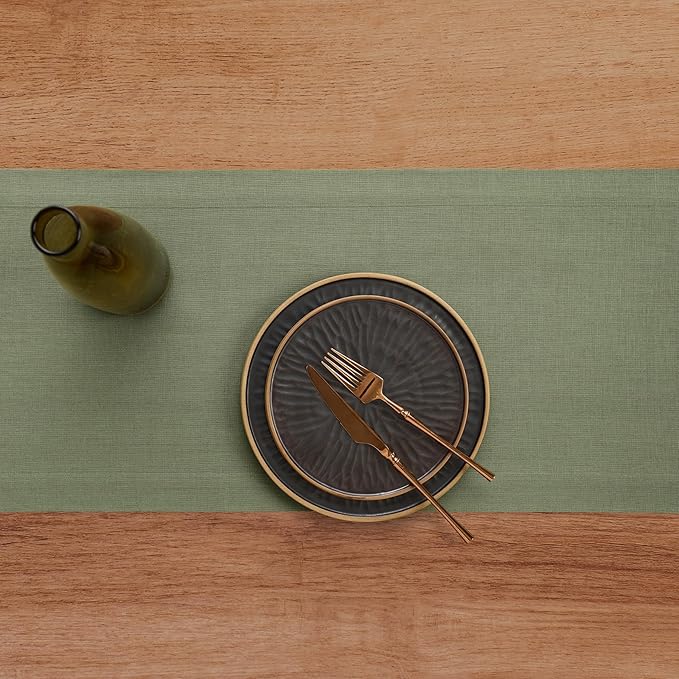 Solino Home Linen Oil Green Table Runner 90 Inches Long - 100% Pure Linen 14 x 90 Inch Table Runner for Fall, Autumn, Christmas, New Year - Fete