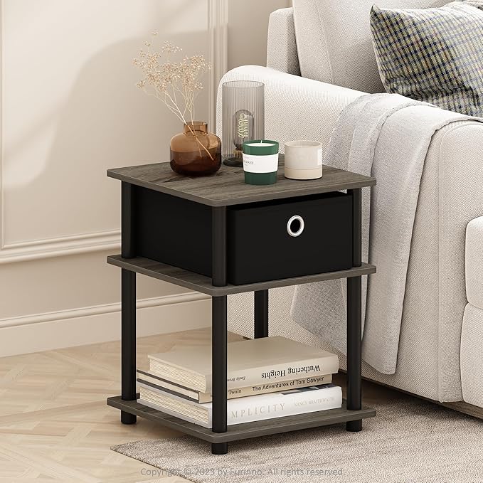Furinno Turn-N-Tube 3-Tier End Table with Storage Bin, Grey Oak/Black/Black