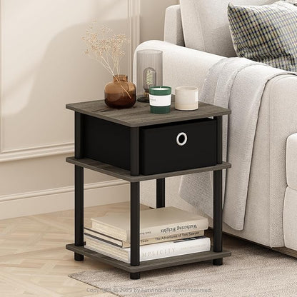Furinno Turn-N-Tube 3-Tier End Table with Storage Bin, Grey Oak/Black/Black