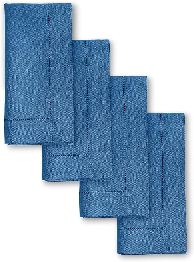 Solino Home Linen Napkins Set of 4 - Classic Hemstitch 100% Pure Linen Indigo Blue Dinner Napkins Cloth 20 x 20 Inch for Fall, Autumn, Christmas, New Year - Handcrafted and Machine Washable