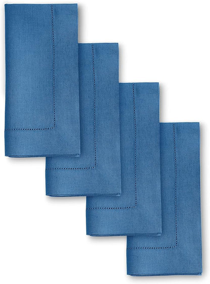 Solino Home Linen Napkins Set of 4 - Classic Hemstitch 100% Pure Linen Indigo Blue Dinner Napkins Cloth 20 x 20 Inch for Fall, Autumn, Christmas, New Year - Handcrafted and Machine Washable