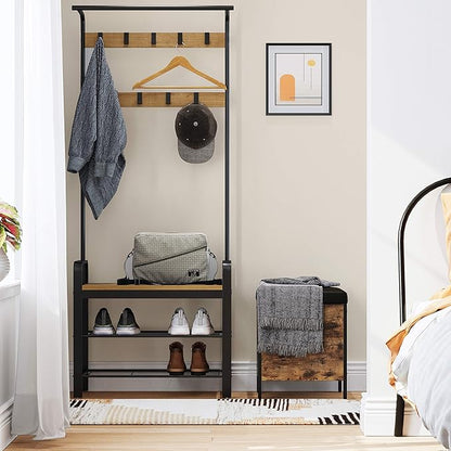 VASAGLE Coat Rack, Hall Tree with Shoe Bench for Entryway, Entryway Bench with Coat Rack, 4-in-1, with 9 Removable Hooks, a Hanging Rod, 13.3 x 28.3 x 72.1 Inches, Honey Brown and Black UHSR040B05
