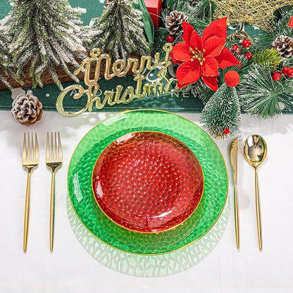 Rubtlamp 60 Pcs Christmas Plasitc Plates, Clear Green Red Plastic Plates With Gold Rim, Red Green Hammered-design, Include 30 Red Dessert Platos, 30 Green Dinner Platos, Perfect For Christmas
