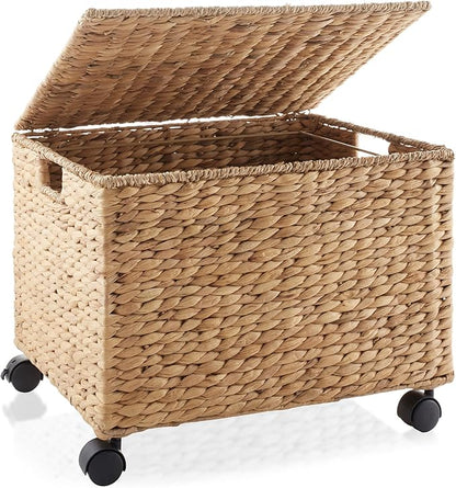 Casafield Rolling Filing Cabinet, Natural - Water Hyacinth File Organizer with Lid and Locking Wheels, Home Office Storage for Hanging Folders