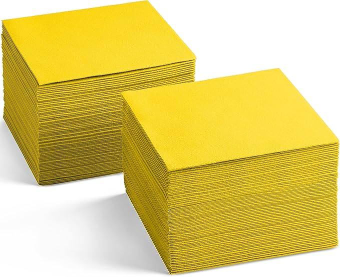 Disposable Linen-Feel Cocktail Napkins, 200-Pack 5" x 5" BRIGHT YELLOW Paper Beverage Napkins For Bar, Restaurant And Café, Dessert Napkins For Party, Wedding Or Event