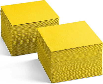 Disposable Linen-Feel Cocktail Napkins, 200-Pack 5" x 5" BRIGHT YELLOW Paper Beverage Napkins For Bar, Restaurant And Café, Dessert Napkins For Party, Wedding Or Event