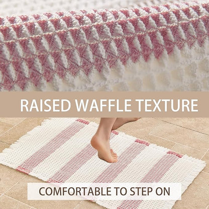 Waffle Bath Mat Non Slip, Boho Bathroom Rug, Super Absorbent Quick Dry Bathroom Mat, Soft Farmhouse Bath Rug with Tassels, Small Washable Shower Mats for Floor 16"x24", White and Pink