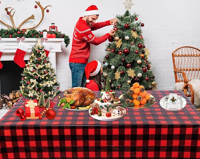 Kesfey 3 Packs Buffalo Check Plaid Table Cloth 54 x 108 Inches Red and Black Gingham Christmas Party Tablecloth Winter Plastic Checkered Tablecover for Dinner Picnic