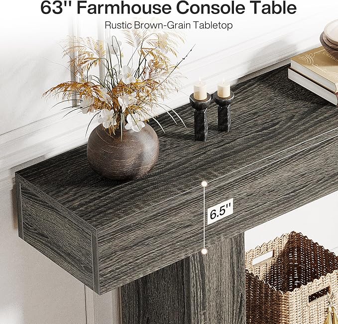Tribesigns 63" Console Table, Farmhouse 2-Tier Entryway Table with U-Shaped Base, Narrow Long Wood Sofa Table Behind Couch Table for Living Room, Hallway, Foyer, Gray