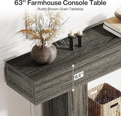 Tribesigns 63" Console Table, Farmhouse 2-Tier Entryway Table with U-Shaped Base, Narrow Long Wood Sofa Table Behind Couch Table for Living Room, Hallway, Foyer, Gray