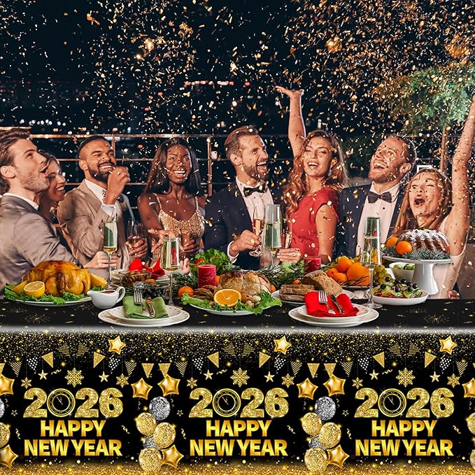 HAKOTI 3Pcs New Year Eve Tablecloth - Happy New Year Party Decorations 2026 Black Gold New Years Tablecloth Rectangular Plastic Table Cover for Cheers to 2026 New Years Eve Party