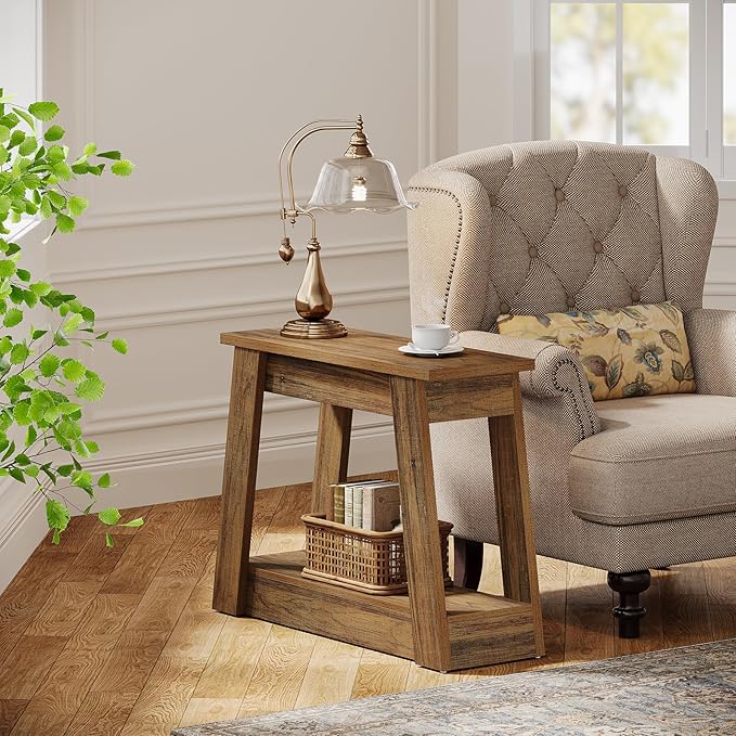 Tribesigns Wood End Table, Small Side Table with 2 Storage Shelves, Rustic Accent Narrow Nightstand for Living Room, Bedroom (1, Rustic Brown)