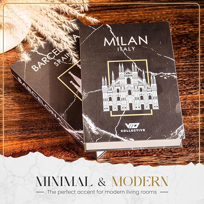 Decorative Book Milan/Barecelona (Black) Fake Books w/ Hidden Storage for Coffee Table, Bookshelf or Mantle decor w/ Magnet Closure - Aesthetic Book Decor for Living room, Bedroom, Entry Way, Keepsake