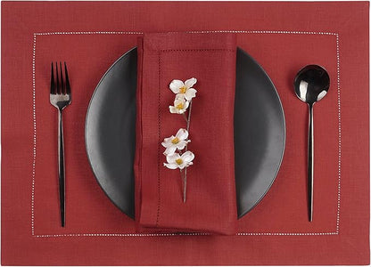 D'Moksha Homes Red Linen Placemats Set of 6 - Classic Hemstitch Placemats 14 x 19 Inch - 100% Pure Linen Table Mats for Winter, Christmas, Holiday - Handcrafted and Machine Washable