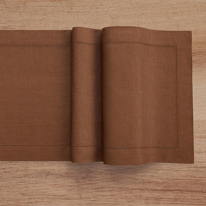 Solino Home Linen Brown Table Runner 36 Inches - Classic Hemstitch, 100% Pure Linen Coffee Table Runner 14 x 36 Inch Ideal for Dresser Tables, Fall, Autumn