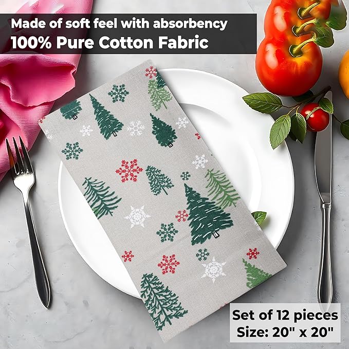 Urban Villa Cloth Napkins Set of 12 20x20 Inches 100% Cotton Napkins Cloth Washable Durable Reusable Absorbent Table Dinner Napkins Cloth for Christmas Hotel Lunch Restaurant Parties –Green Tree