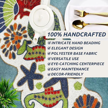Handmade Beaded Coastal Table Runner -36" Ocean Theme Table Decor with Starfish, Seahorse, Coral, Shells -Nautical Table Centerpiece for Summer, Beach House, or Tropical Décor (Multi) - CLEENTABLE