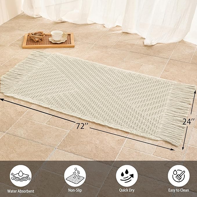 Waffle Runner Rug Non Slip, Boho Bath Mat, Super Absorbent Quick Dry Long Bath Runner Bathroom, Soft Farmhouse Bath Rug with Tassels, Washable Shower Mats for Floor 24"x72", Tassels Cream