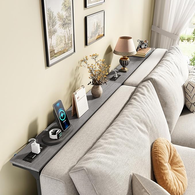 Kitstorack 2-Pack Dark Gray Long Sofa Table Behind Couch, Adjustable Height (25"-33") & 2 Power Outlets, Narrow Console Table, 5.9" D x 79" L, Thin, Split Design for Separate Use