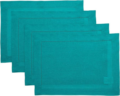 Solino Home Linen Placemats Set of 4 - Classic Hemstitch Teal Placemats 14 x 19 Inch - 100% Pure Linen Table Mats for Fall, Autumn, Christmas, New Year