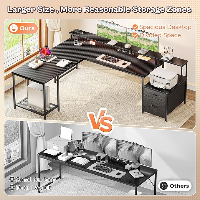 PRAISUN 66" L Shaped Gaming Desk with LED Lights & Power Outlets, Computer Desk with Fabric Drawers and Print Stand, Corner Office Desk, Monitor Stand, Mesh CPU Stand, Carbon Fiber Black