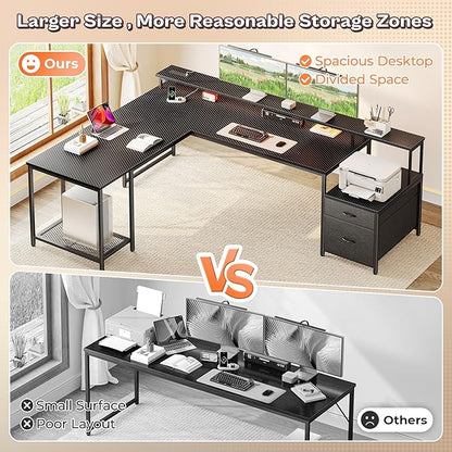 PRAISUN 66" L Shaped Gaming Desk with LED Lights & Power Outlets, Computer Desk with Fabric Drawers and Print Stand, Corner Office Desk, Monitor Stand, Mesh CPU Stand, Carbon Fiber Black