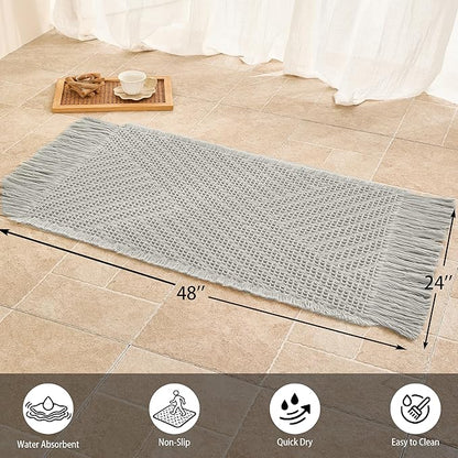 Waffle Bath Mat Non Slip, Boho Runner Rug, Super Absorbent Quick Dry Long Bath Runner Bathroom, Soft Farmhouse Bath Rug with Tassels, Washable Shower Mats for Floor 24"x48", Tassels Light Grey