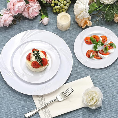 350-Piece White Swirls Plastic Dinnerware Set for 50 Guests, Elegant Disposable Dinnerware for Party, Wedding. Includes 10.25" Dinner Plates, 6.5" Dessert Plates, Silverware, Napkins, Cups