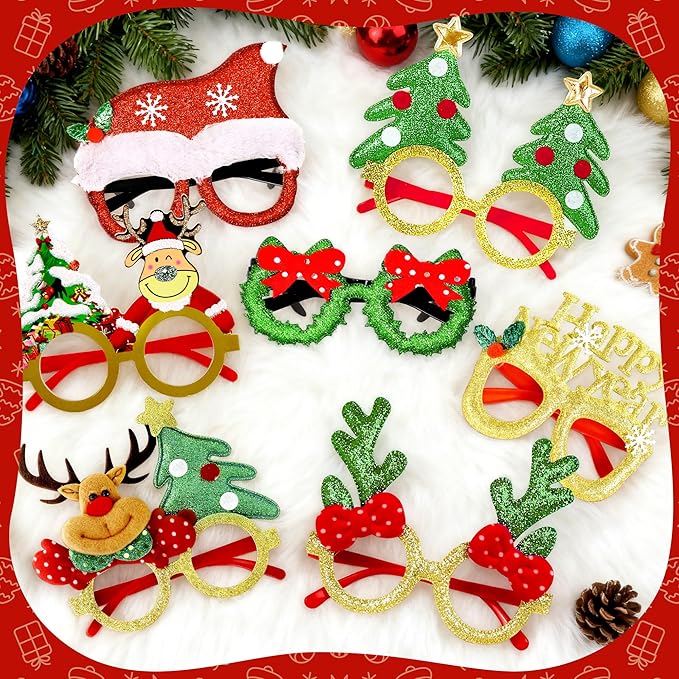 16Pcs Christmas Glasses Glitter Holiday Party, Cute Christmas Glasses Frames, Christmas Eyeglasses Party Decorations for Christmas Party Favors Holiday Favors (One Size Fits All)