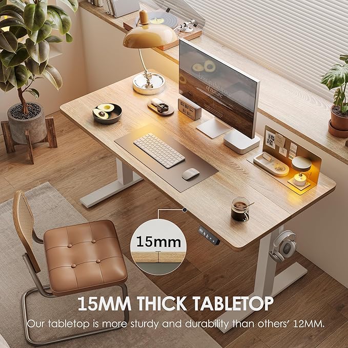 TIQLAB Standing Desk 63 x 24 inch, Electric Height Adjustable Desk with Splice Board, Sit Stand Desk Computer Table for Home Office, White Frame/Maple Top