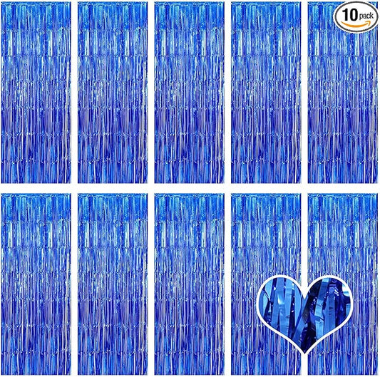 10 Pack Blue Backdrop Curtain 3.2ft x 8.2ft Metallic Tinsel Foil Fringe Curtains Photo Booth Background for Birthday Party Decoration Baby Shower Engagement Wedding Christmas Decoration (Blue)