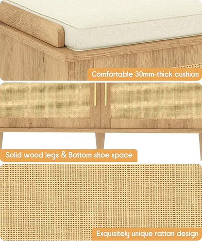 Rattan Shoe Storage Bench with Cushion, 2-Tier Entryway Bench with Adjustable Shelves and 2 Doors, 15" D x 39.4" W x 20" H, Solid Wood Legs, for Hallway, Living Room, Bedroom, Natural Oak